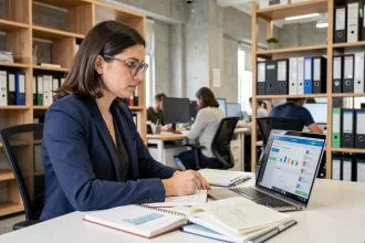 Femme professionnelle suivant une formation en ligne sur Formaxio dans un bureau moderne, prenant des notes sur un cahier ouvert