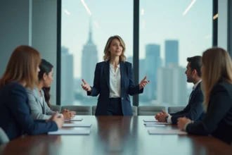 Une femme leader en blazer marine anime une réunion dans une salle de conférence moderne, illustrant la définition du leadership en management