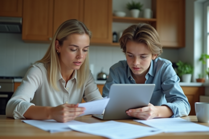 Femme et son adolescent concentrés sur des documents à la maison