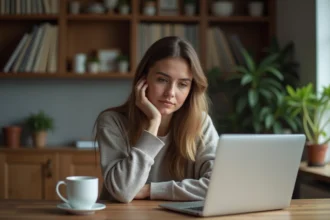 Femme pensive utilisant un ordinateur à la maison