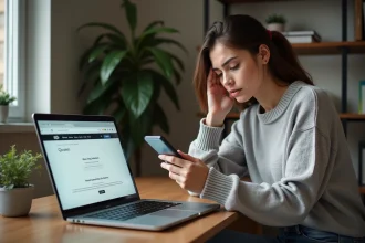 Jeune femme perplexe avec ordinateur et smartphone dans un appartement