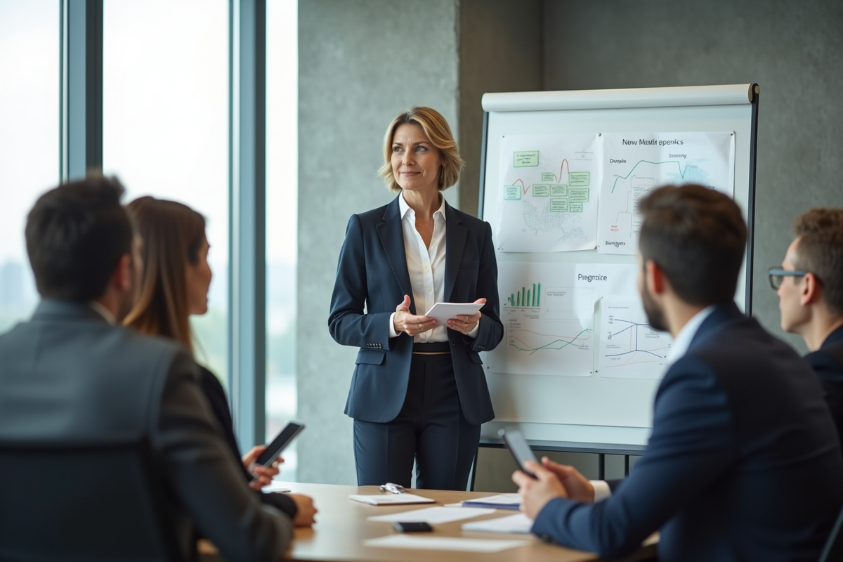 Femme confiante expliquant une stratégie devant un tableau blanc