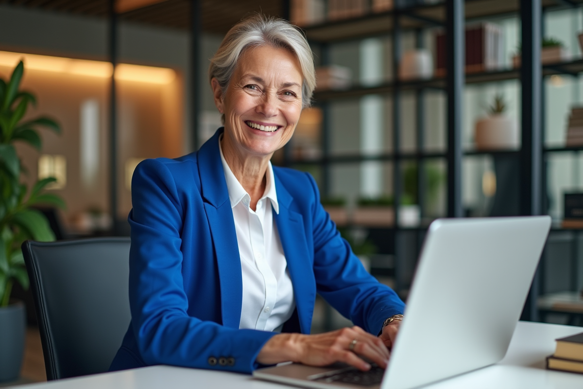 Femme d affaires souriante au bureau en blazer cobalt