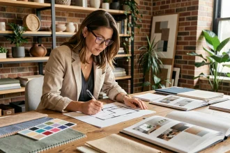 Femme adulte en reconversion professionnelle travaillant sur des plans de décoration intérieure dans un atelier de design moderne