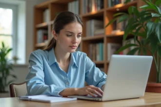 Femme en reconversion professionnelle suivant une formation en ligne sur un ordinateur portable dans un bureau à domicile moderne