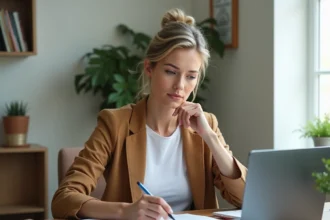 Femme en reconversion professionnelle consultant des guides carrière sur son bureau à domicile