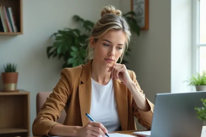 Femme en reconversion professionnelle consultant des guides carrière sur son bureau à domicile
