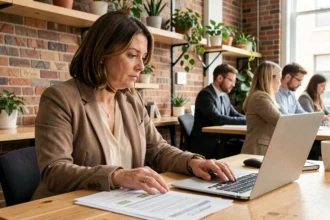 Femme adulte en reconversion professionnelle consultant des fiches métier à son bureau dans un espace de coworking
