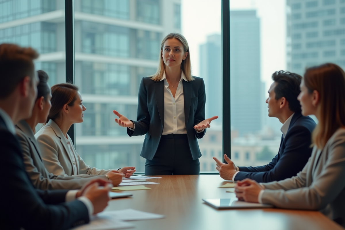 Femme en réunion d'affaires avec équipe diverse