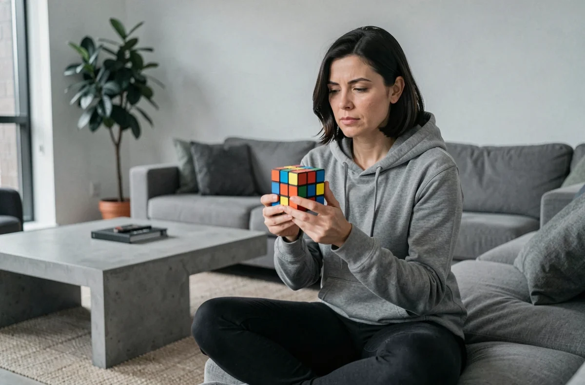 Femme tenant un Rubik's cube devant elle dans un salon moderne, analysant les couleurs pour ajuster sa stratégie