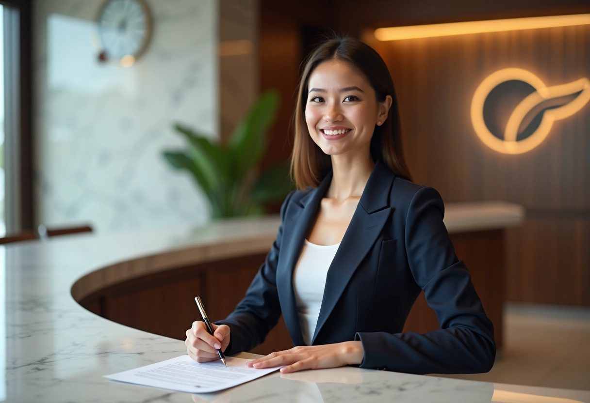 Jeune femme signant un contrat dans un espace haut de gamme