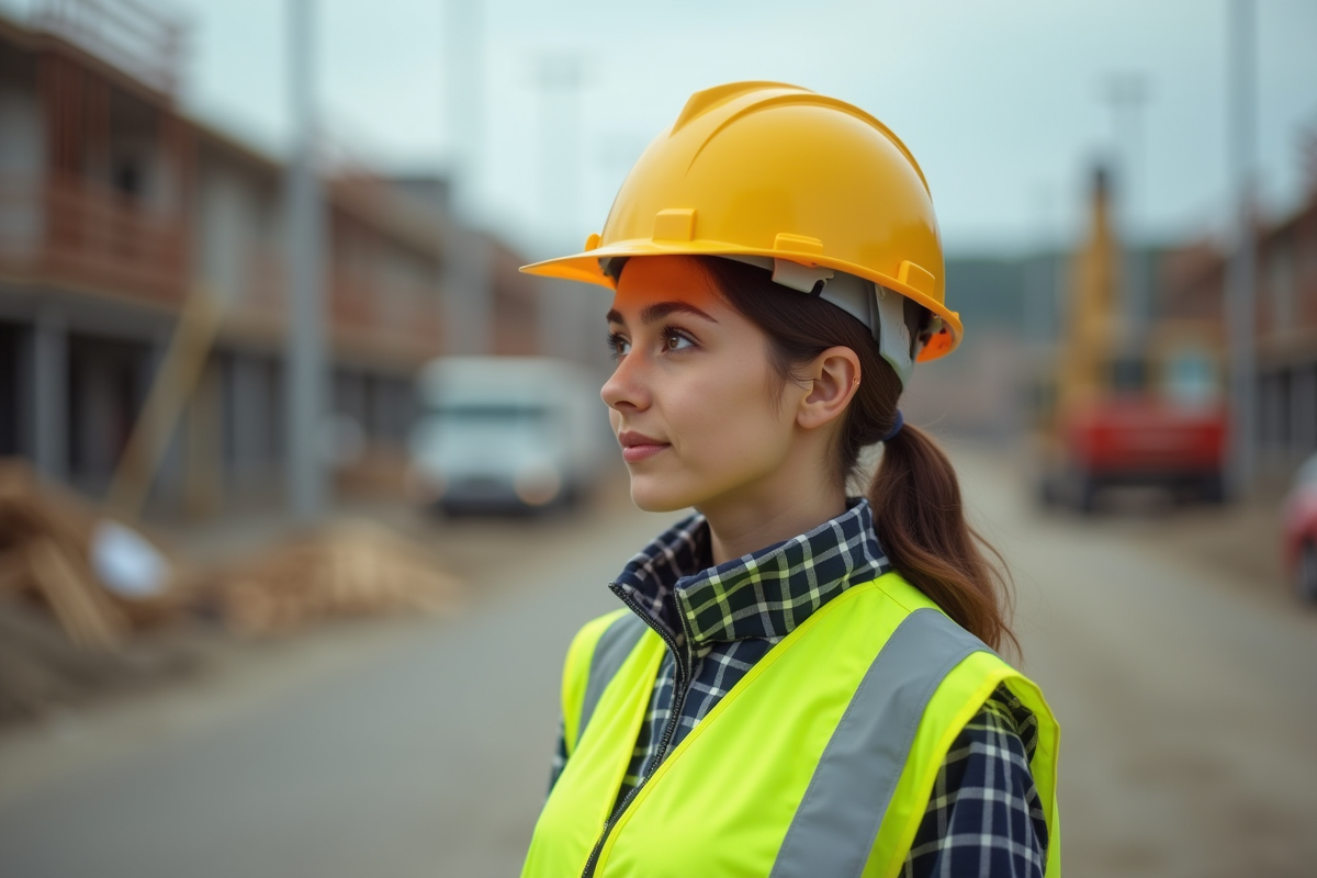 Jeune femme en casque de sécurité surveillant un chantier