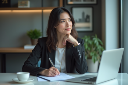 Femme concentrée au bureau en pleine décision