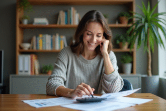 Femme souriante travaillant à domicile avec documents et calculatrice