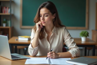Femme en tenue professionnelle travaillant à un bureau moderne