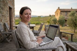 Femme assise sur une terrasse en campagne avec un ordinateur