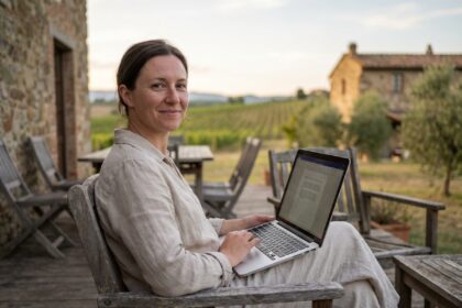 Femme assise sur une terrasse en campagne avec un ordinateur