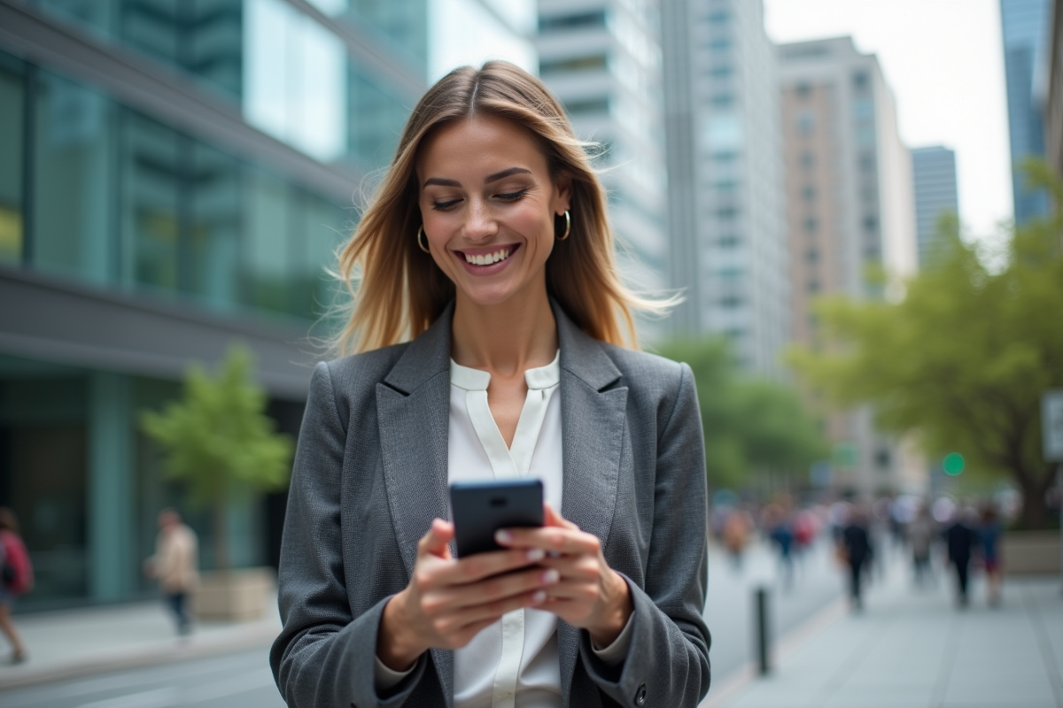 Femme souriante utilisant son smartphone en ville