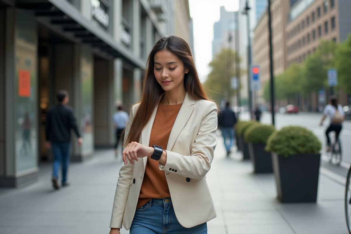 Jeune femme en ville regardant sa smartwatch