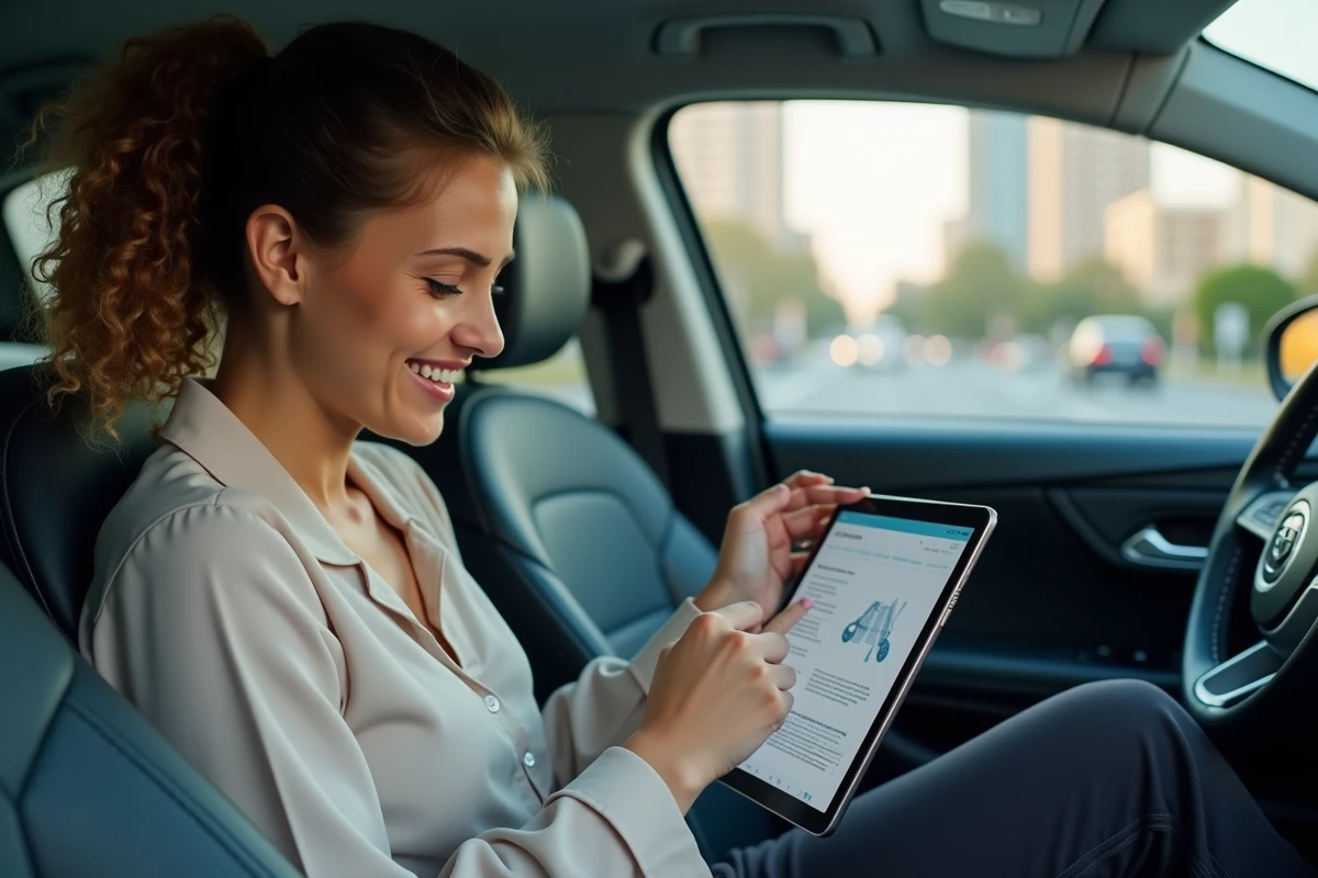 Femme examine documents dans voiture moderne