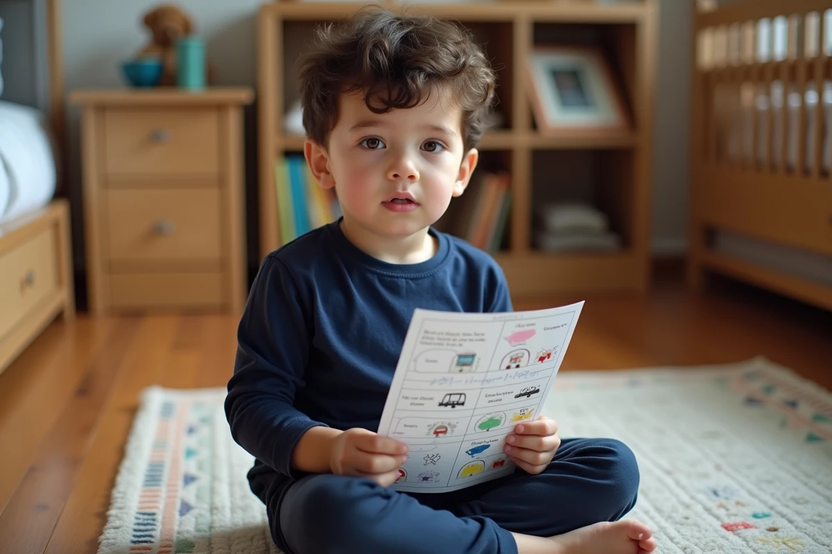 Garçon de CE2 concentré sur une fiche de lecture adaptée posée sur ses genoux dans sa chambre