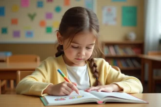 Jeune fille de CE2 lisant une fiche de lecture illustrée à son bureau en classe, doigt posé sur le texte