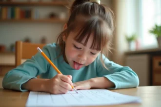 Jeune fille de CE1 faisant ses devoirs sur une feuille imprimée à la maison, assise à une table en bois dans une cuisine chaleureuse
