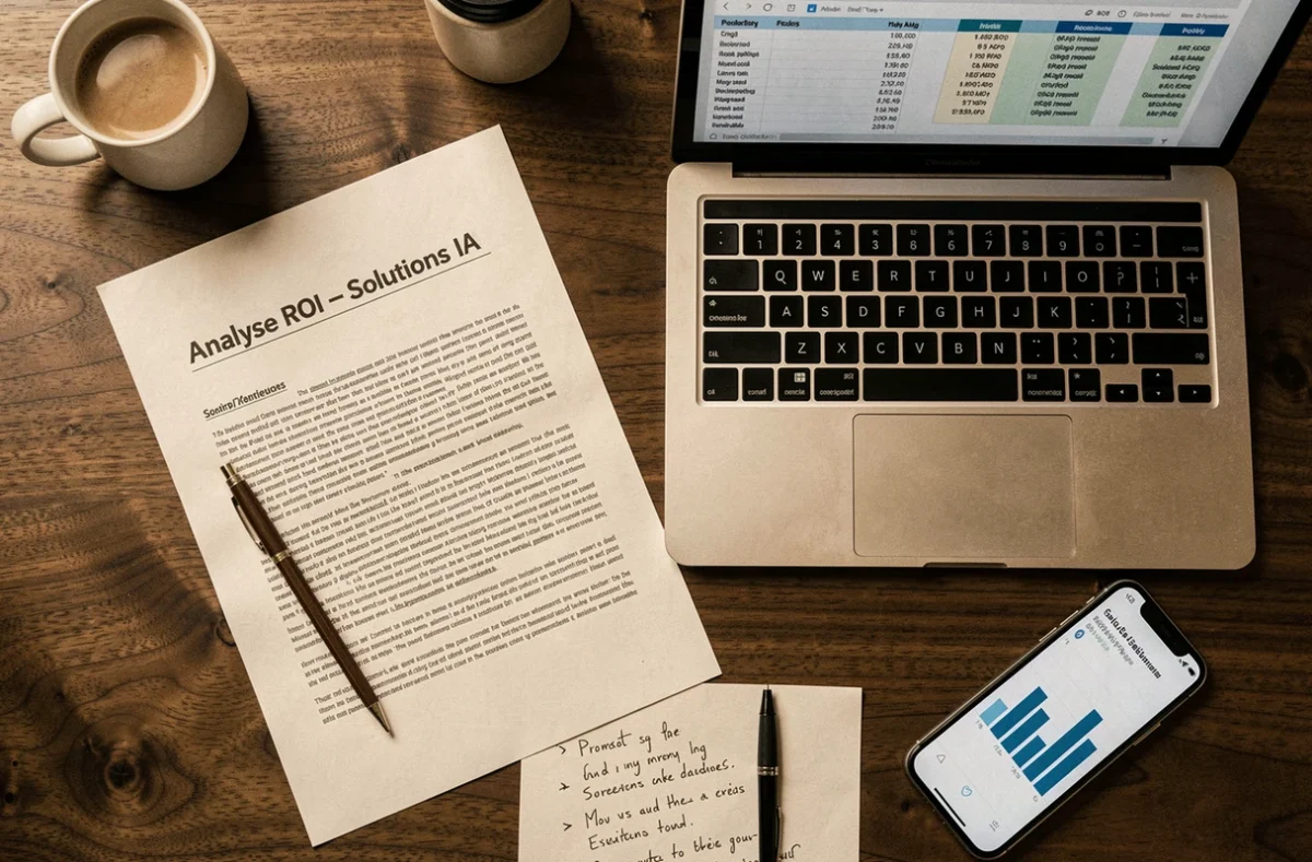 Vue aérienne d'un bureau avec rapport d'analyse de prix IA, ordinateur portable et notes manuscrites sur le retour sur investissement