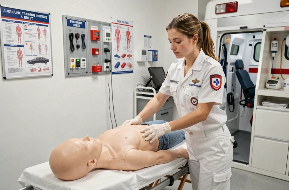 Étudiante en formation d'ambulancière pratiquant une technique de transfert de patient sur mannequin à l'Institut de Formation d'Ambulanciers Forma Santé à Brest