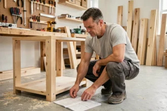 Homme adulte en train d'assembler un meuble en bois dans un atelier de bricolage avec des outils accrochés au mur en arrière-plan