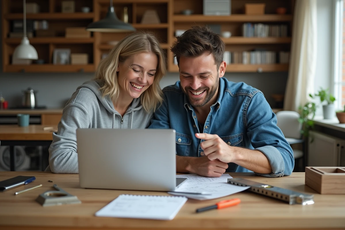 Couple suivant une formation bricolage en ligne ensemble à la maison avec outils et tutoriel vidéo