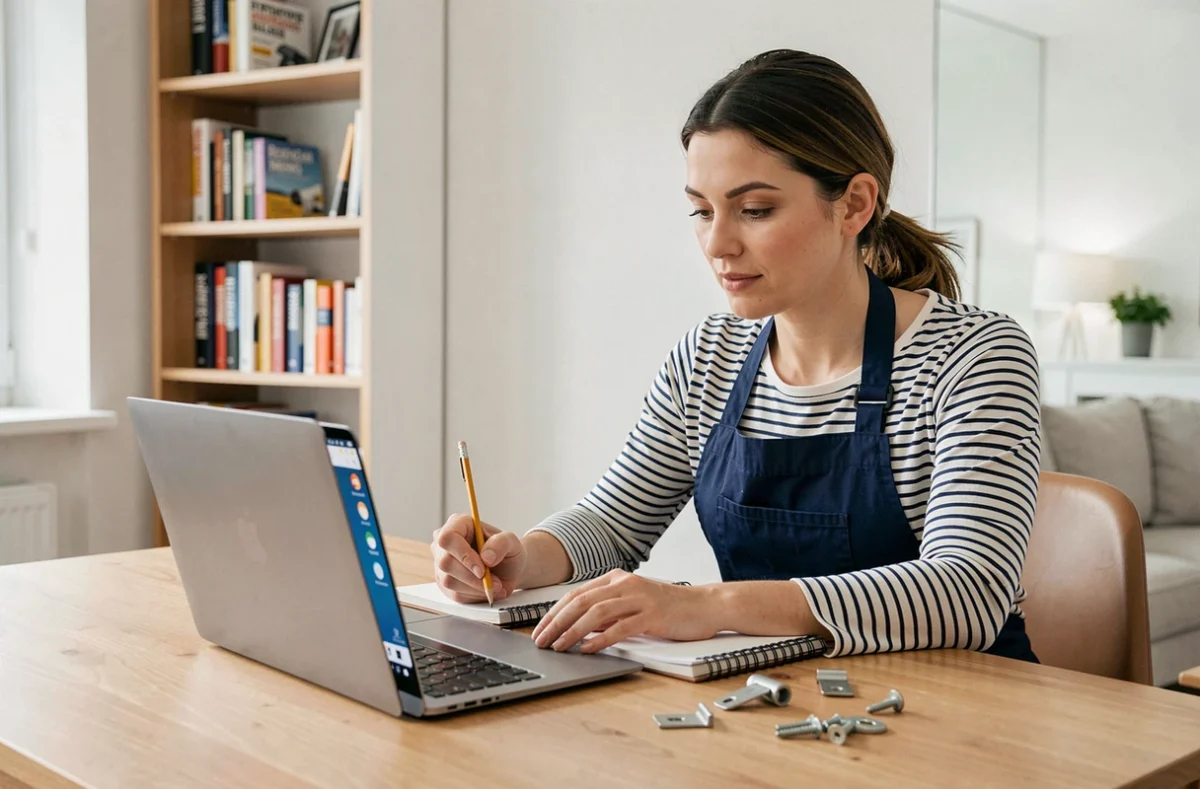 Femme suivant une formation bricolage en ligne sur son ordinateur portable avec un carnet de notes et des outils posés sur un bureau en bois