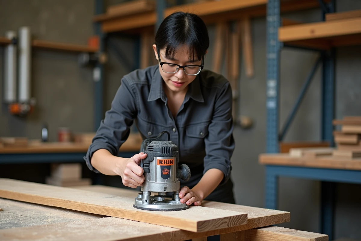 Femme en reconversion professionnelle utilisant une défonceuse sur un panneau de chêne lors d'une session de formation menuiserie en atelier