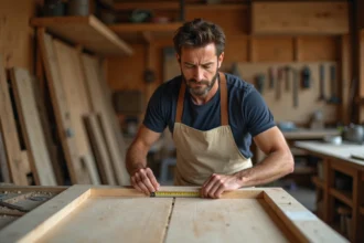 Stagiaire en reconversion professionnelle mesurant un cadre de porte en bois dans un atelier de menuiserie lors d'une formation pratique