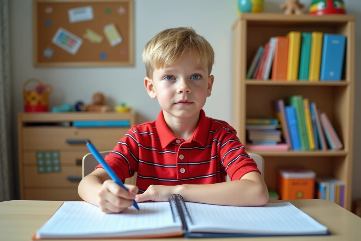 Garçon de CE1 écrivant dans un cahier du commerce à carreaux à son bureau dans sa chambre, exercice de devoirs scolaires