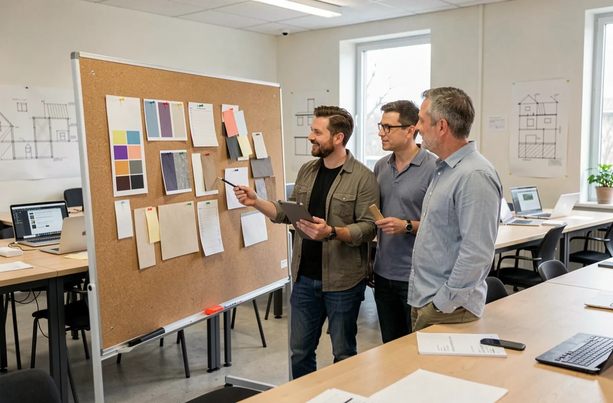 Groupe d'adultes en formation décoration intérieure analysant un tableau d'inspiration dans une école de design