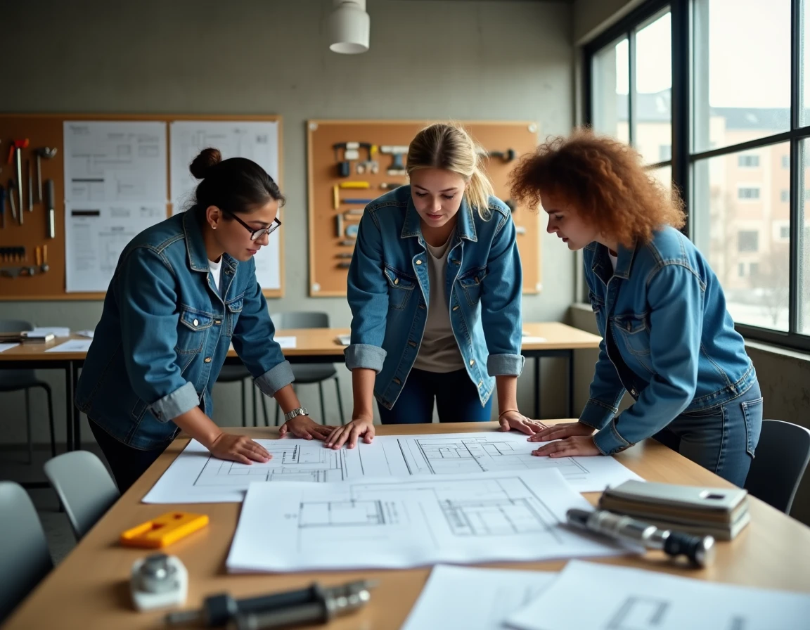 Groupe d'adultes en formation professionnelle étudiant des plans techniques dans un centre de reconversion