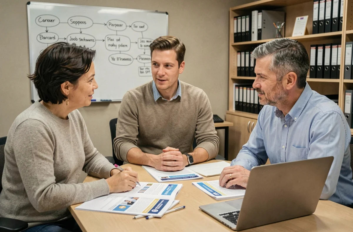 Groupe d'adultes en reconversion discutant des pistes de métiers avec un conseiller en orientation professionnelle