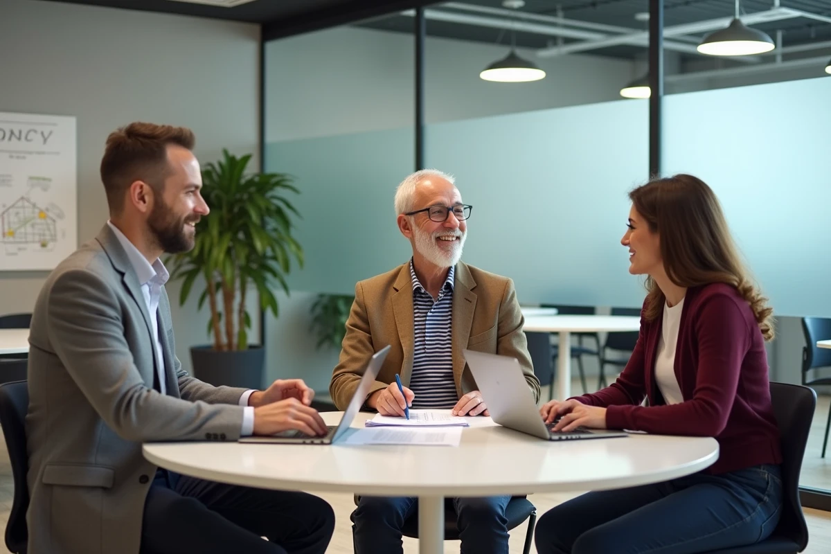 Groupe d'adultes en reconversion participant à une session de formation professionnelle autour d'une table dans une salle de cours moderne
