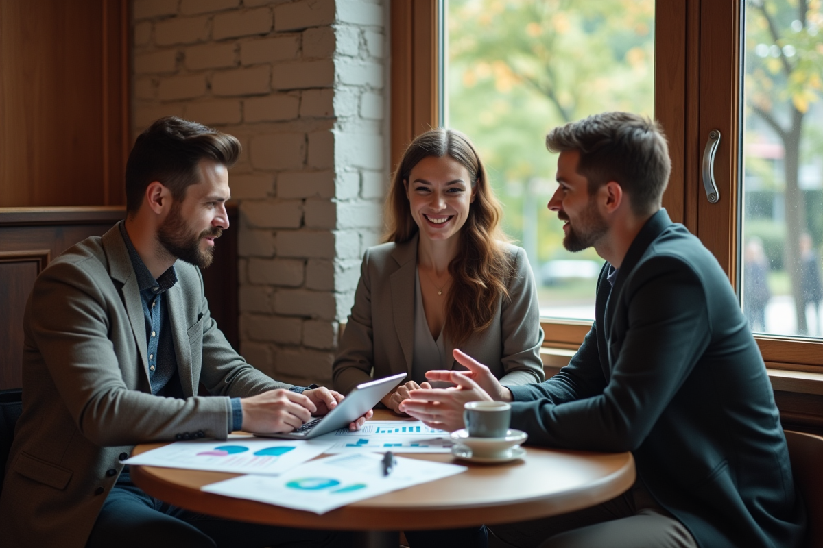 Groupe de collègues en discussion dans un café