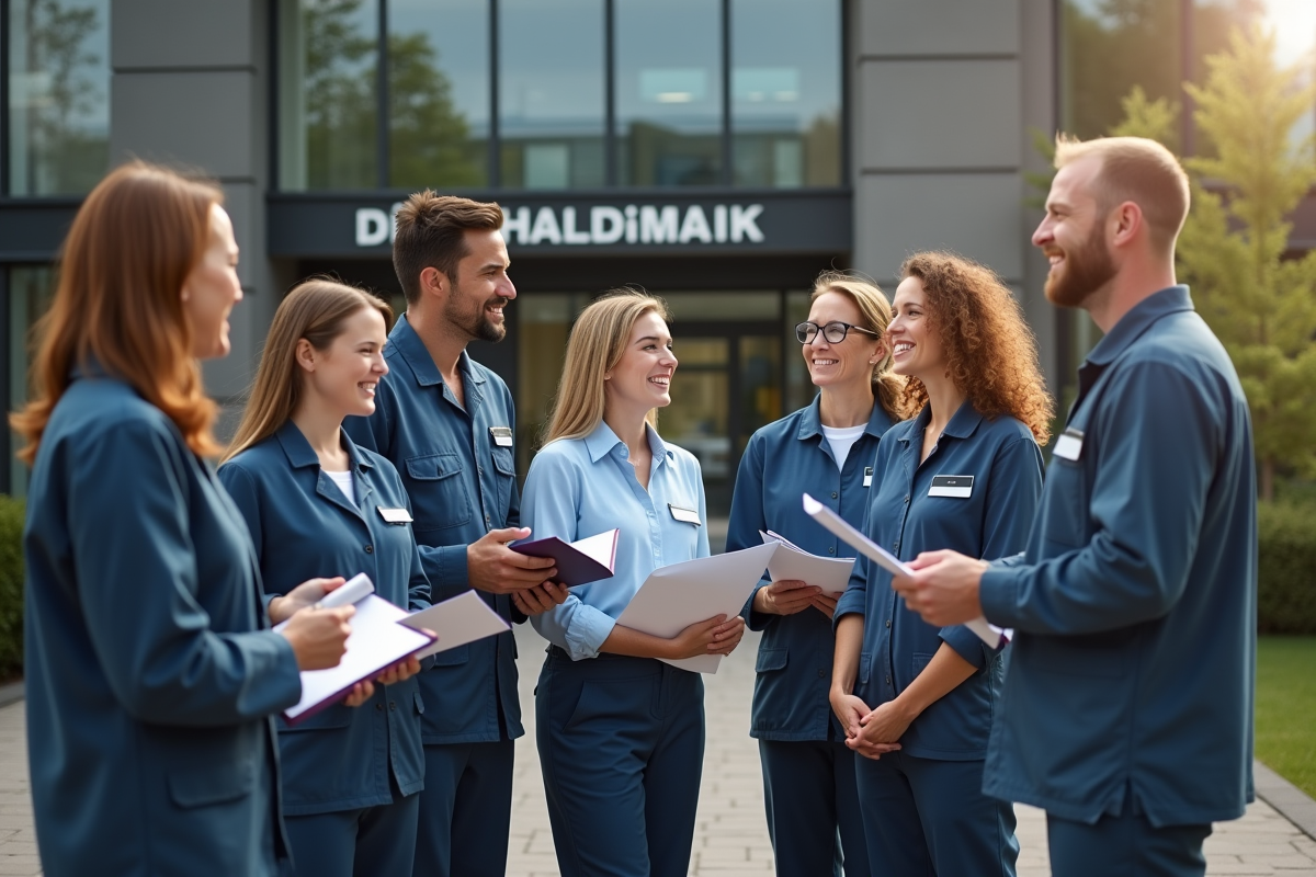 Groupe divers d adultes souriants devant centre de formation