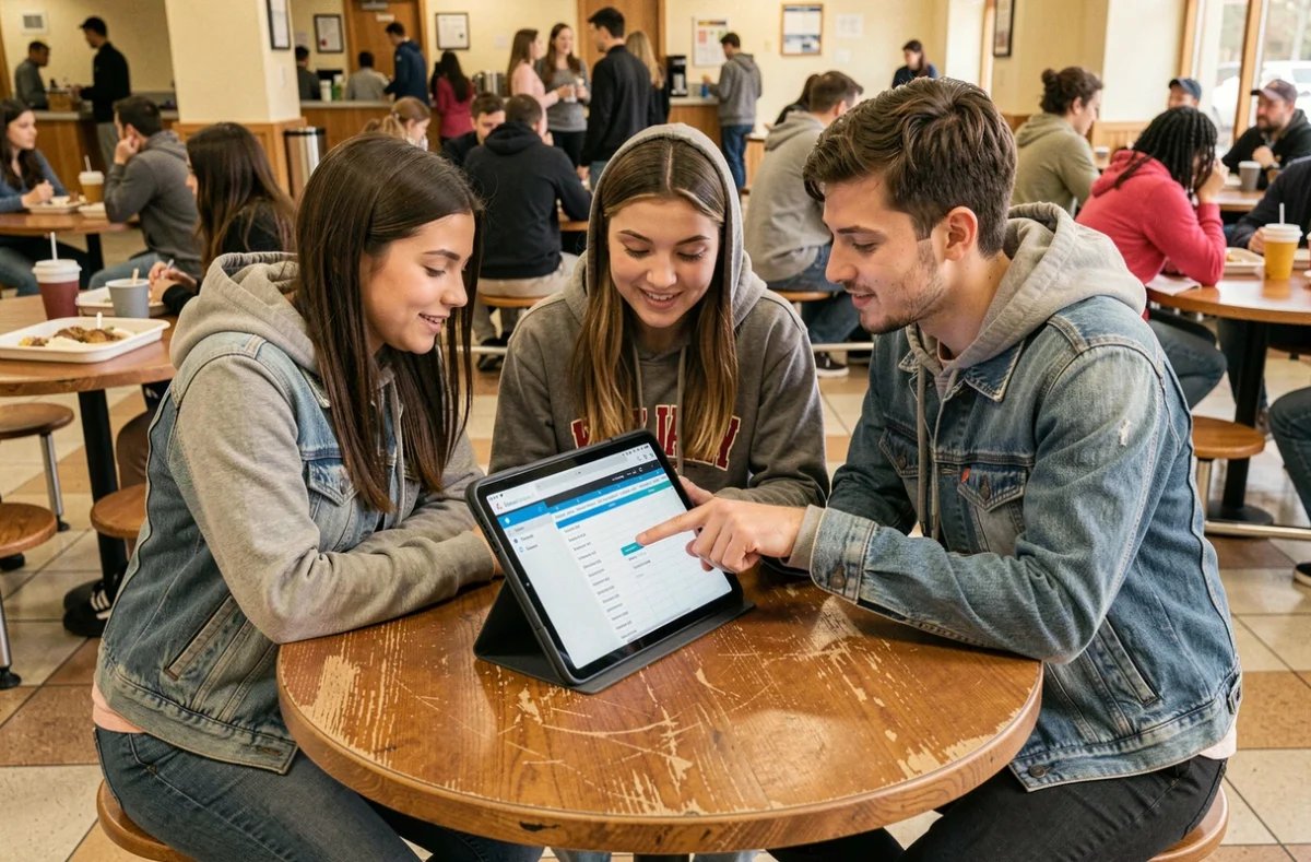 Groupe d'étudiants consultant et organisant leur emploi du temps partagé sur une tablette via HYPERPLANNING dans une cafétéria universitaire