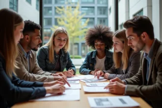 Groupe d'étudiants en ingénierie discutant autour d'une table