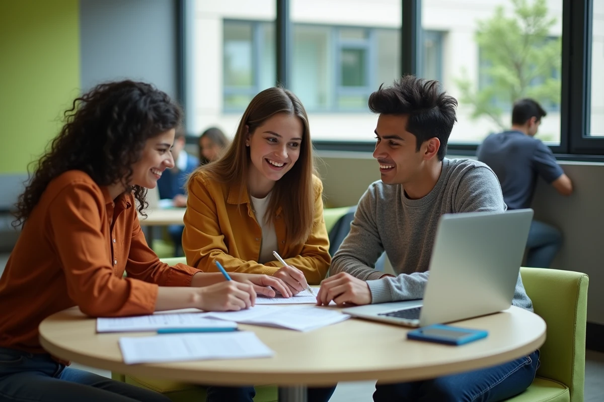 Groupe d'étudiants collaborant sur les ressources pédagogiques de PSBlearn dans un espace de coworking universitaire