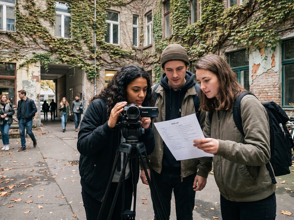 Groupe d'étudiants en cinéma filmant en extérieur dans une cour d'école, cursus cinéma accessible hors Parcoursup