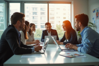 Groupe de professionnels collaborant dans un bureau lumineux