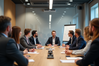 Groupe de professionnels en formation en salle lumineuse