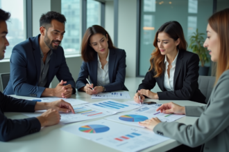 Groupe de professionnels en réunion autour de documents