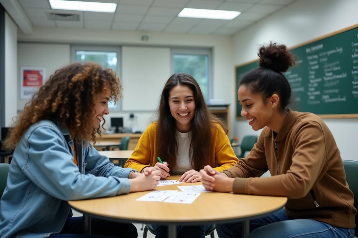 Groupe d'adultes de cultures différentes révisant ensemble les questions du test de naturalisation française en salle de cours