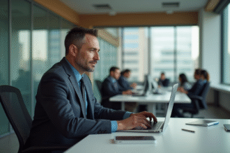Homme d'affaires au bureau moderne en pleine concentration